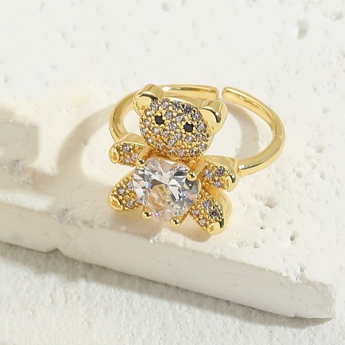 Bonito urso brilhante formato de coração chapeamento de cobre embutido zircão de cobre anéis abertos banhados a ouro 14K