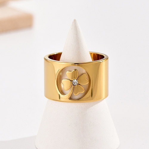 Estilo simples estilo coreano trevo de quatro folhas em aço inoxidável polimento strass anéis banhados a ouro 14K