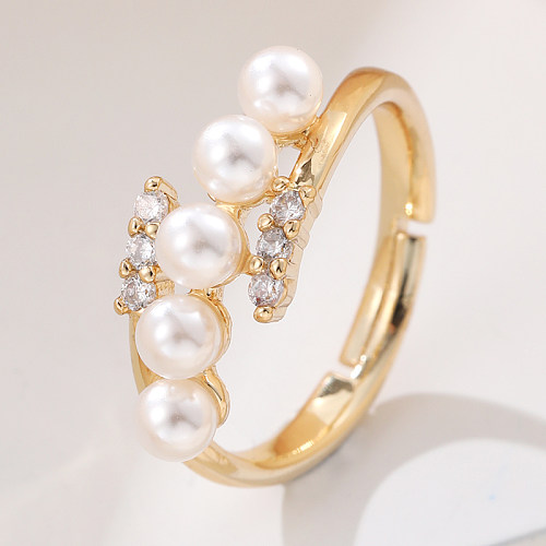 IG Style Elegant Korean Style Geometric Copper Inlay Artificial Pearls Rhinestones Open Rings