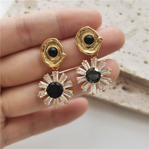 1 paire de boucles d'oreilles rétro en placage de fleurs, incrustation de cuivre et de Zircon