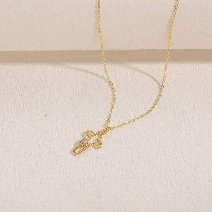 Elegant Lady Cross Heart Shape Lightning Copper 14K Gold Plated Zircon Pendant Necklace In Bulk