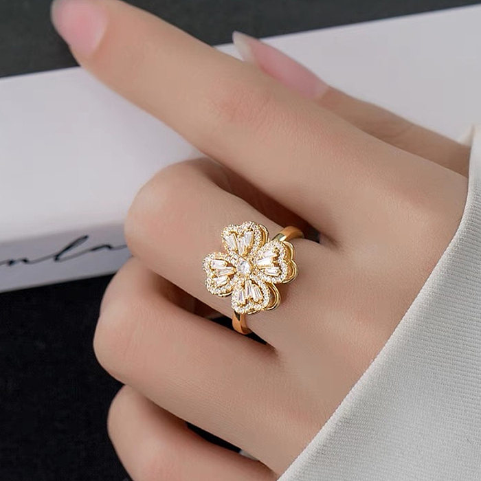 Lady Shiny Four Leaf Clover Copper Plating Inlay Zircon 18K Gold Plated Open Rings