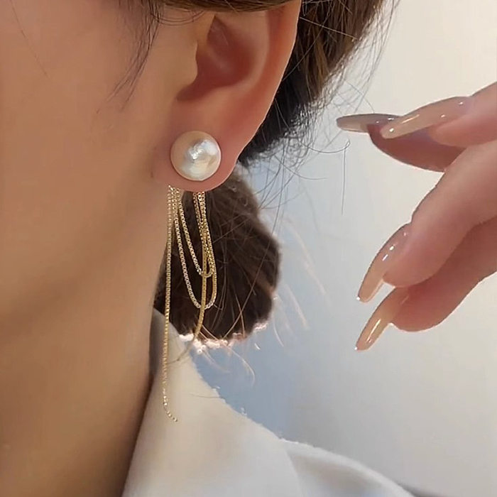 1 Pair Simple Style Tassel Imitation Pearl Copper Drop Earrings