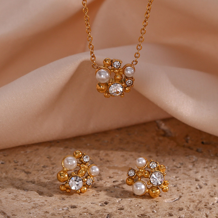 Elegant Flower Stainless Steel Plating Inlay Pearl Zircon 18K Gold Plated Earrings Necklace