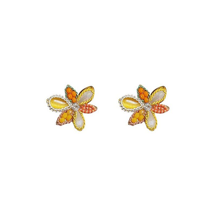 1 paire de clous d'oreilles en pierres précieuses artificielles, fleur et papillon de Style moderne, incrustation en cuivre