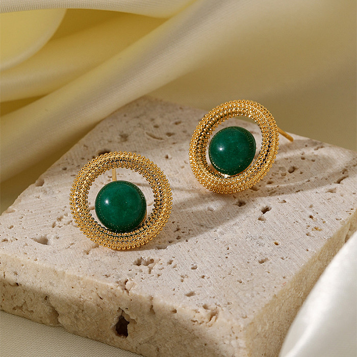 1 Pair Vintage Style Simple Style Roman Style Round Plating Inlay Copper Natural Stone 18K Gold Plated Ear Studs