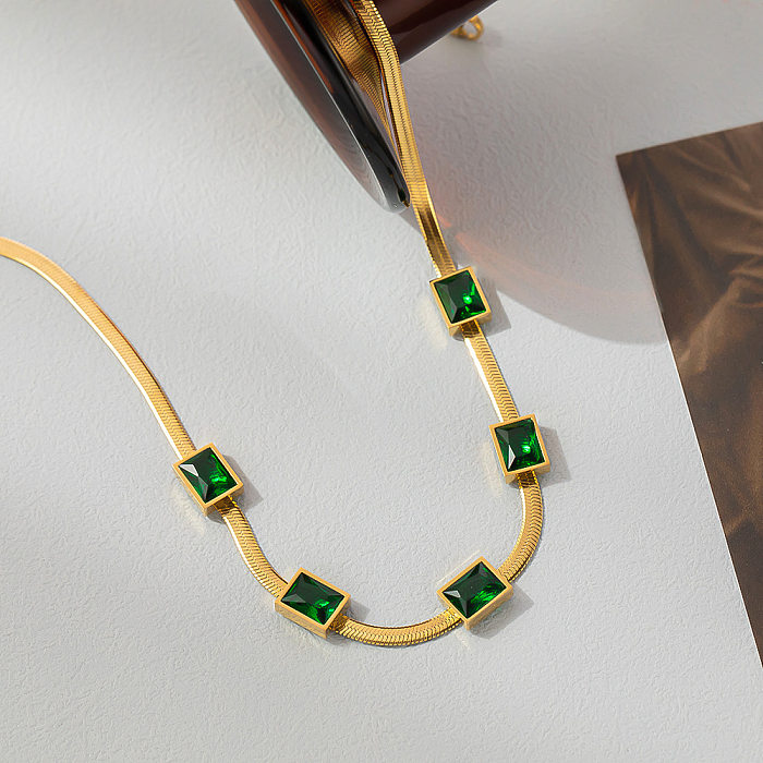 Colar de pulseiras de zircão com revestimento de aço de titânio retangular estilo simples retrô