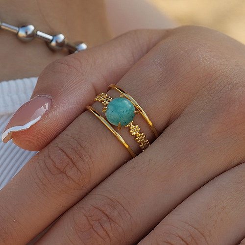IG Style Simple Style Round Stainless Steel Plating Inlay Turquoise 18K Gold Plated Open Rings