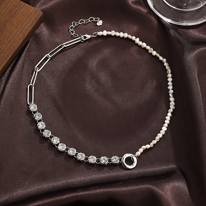 Schlichter Stil, runde verkupferte Intarsien-Süßwasserperlen-Zirkon-Halskette