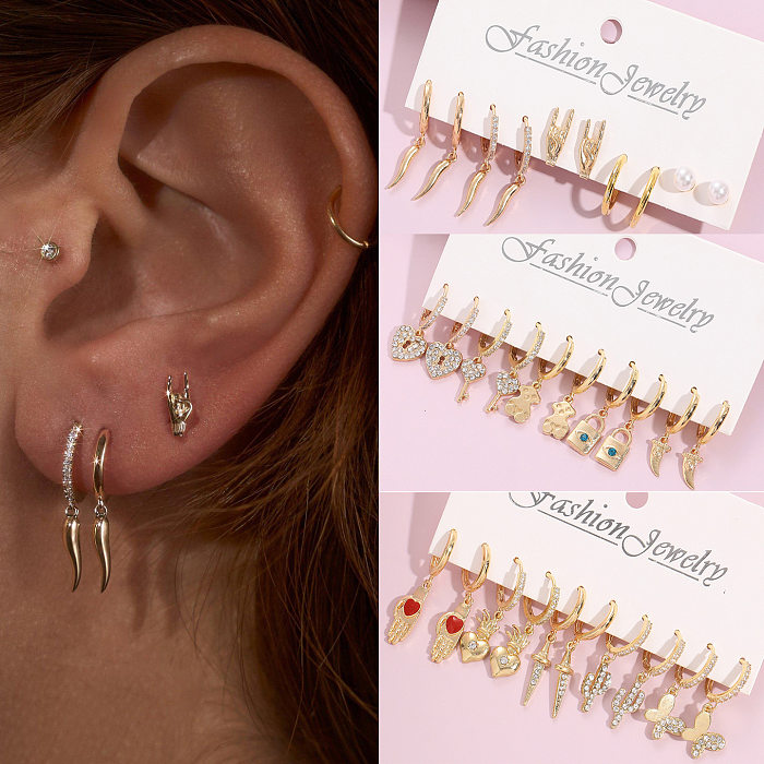 Fashion Palm Water Droplets Heart Shape Copper Zircon Drop Earrings Ear Studs 1 Set