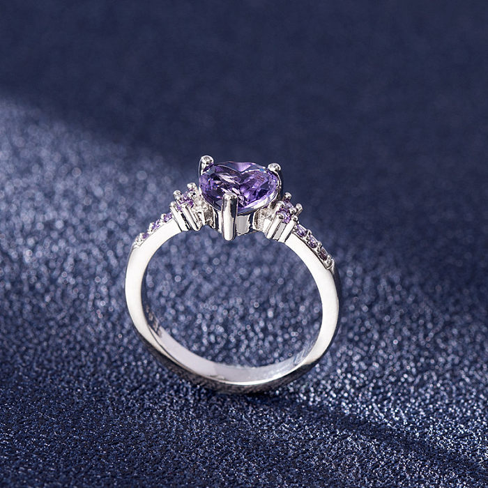 Anel de ametista em forma de coração de zircão moda europeia anel de zircão roxo joia