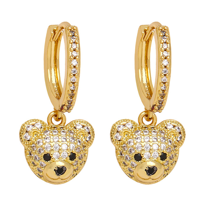 1 paire de boucles d'oreilles pendantes en cuivre et Zircon plaqué or 18 carats, Style Simple, avec incrustation d'ours