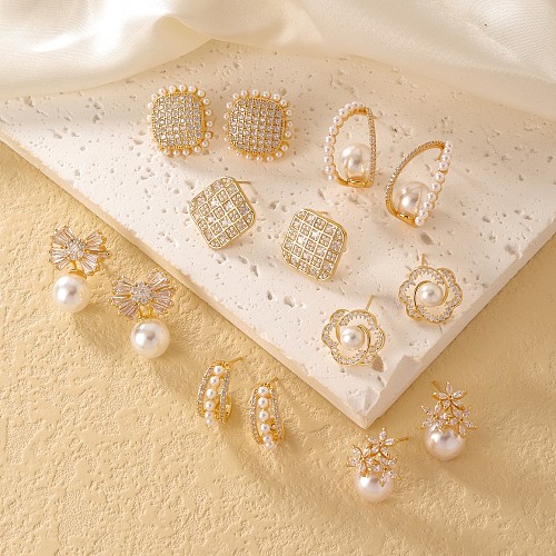 1 par de pendientes de circonita con perlas de agua dulce de cobre con incrustaciones de flores irregulares brillantes de estilo Simple informal