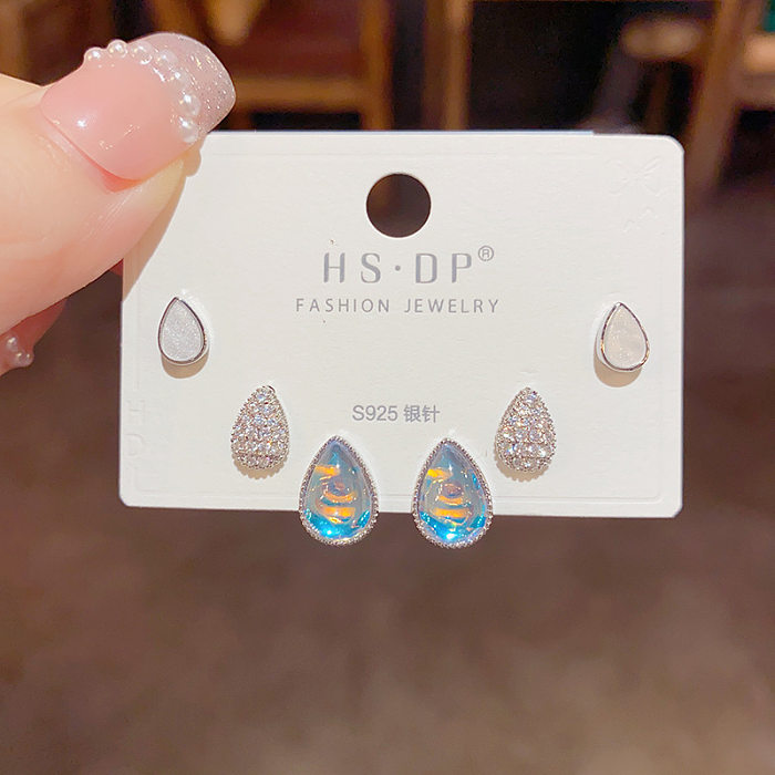 Simple Style Crown Sterling Silver Copper Inlay Zircon Ear Studs 3 Pieces