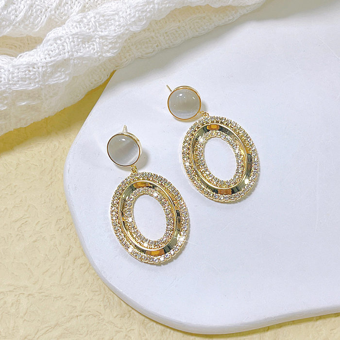 1 paire de boucles d'oreilles élégantes pour femmes, incrustation géométrique, Imitation perle, cuivre, Zircon