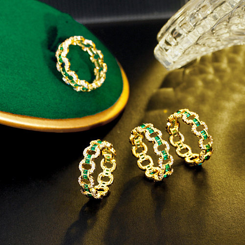 Einfache Streetwear-Ringe mit geometrischer Kupferbeschichtung, Inlay, Zirkon, 14 Karat vergoldet, rhodiniert