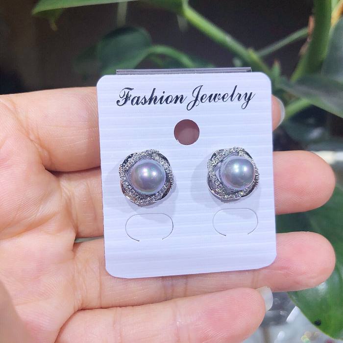 1 Pair Simple Style Commute Round Plating Inlay Copper Pearl Zircon Ear Studs
