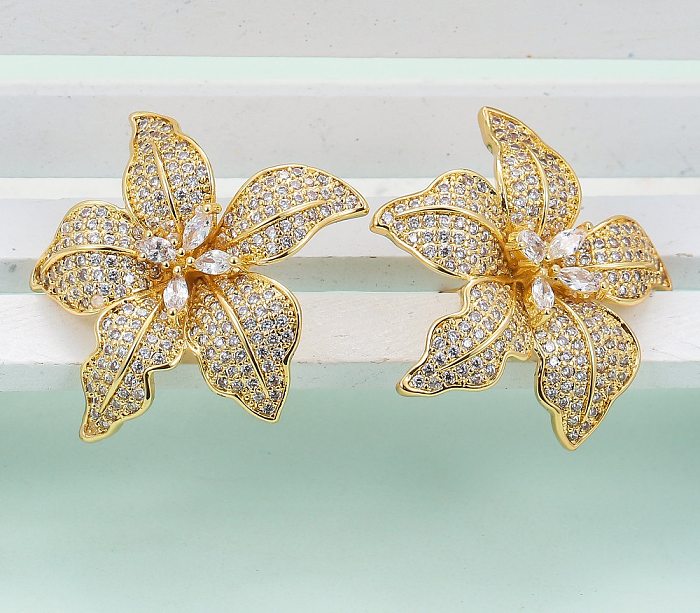 1 Pair Elegant Lady Flower Plating Inlay Copper Zircon Ear Studs