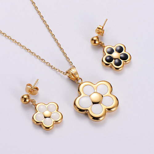 New Plum Blossom Drop Oil Gold Plated Necklace Ear Stud Set