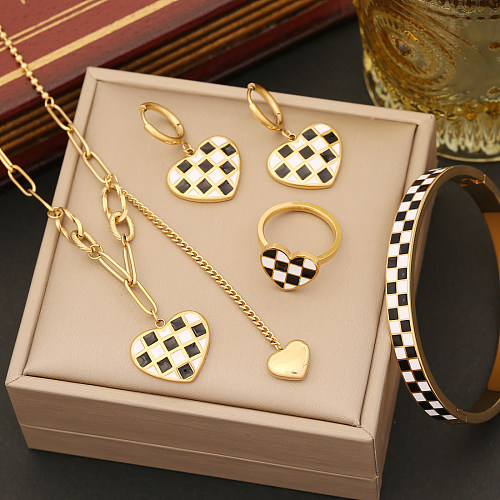 INS Style Commute Plaid Heart Shape Stainless Steel Enamel Women'S Bracelets Earrings Necklace