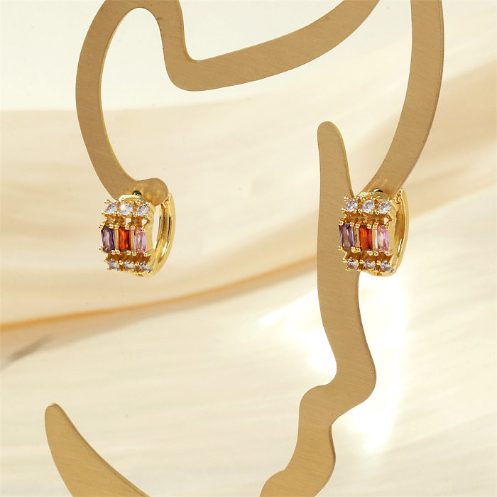 1 paire de boucles d'oreilles rondes et carrées, Style Simple, incrustation de cuivre et de Zircon plaqué or 18 carats