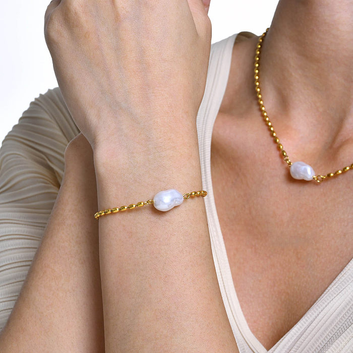 Lässige, elegante, klassische Perlen-Armband-Halskette mit 18-karätigem Goldüberzug aus Edelstahl
