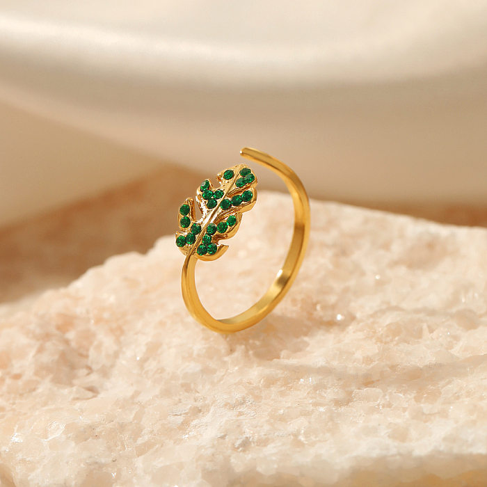 Offener Ring mit modischen Blättern, Edelstahlbeschichtung, Inlay, künstlicher Diamant, 1 Stück