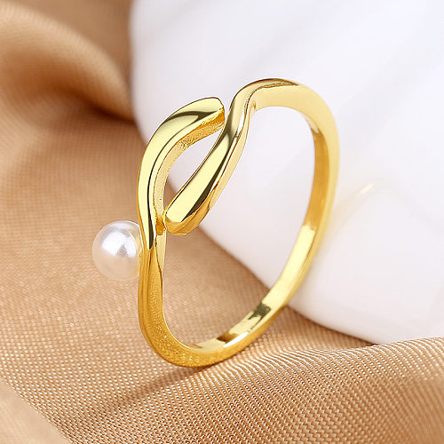 1 Piece Simple Style Waves Copper Inlay Artificial Pearls Open Ring
