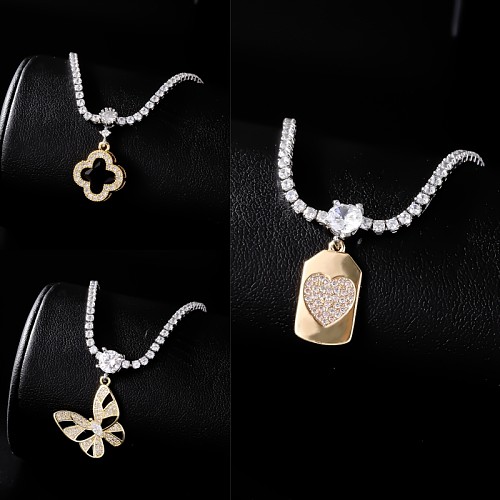Elegant Simple Style Four Leaf Clover Heart Shape Butterfly Copper Zircon Necklace Pendant In Bulk