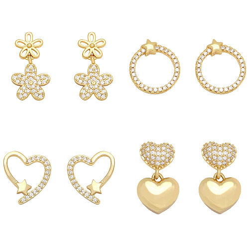 Simple Flower Geometric Heart Star Copper Inlaid Zircon 18K Gold-plated Earrings