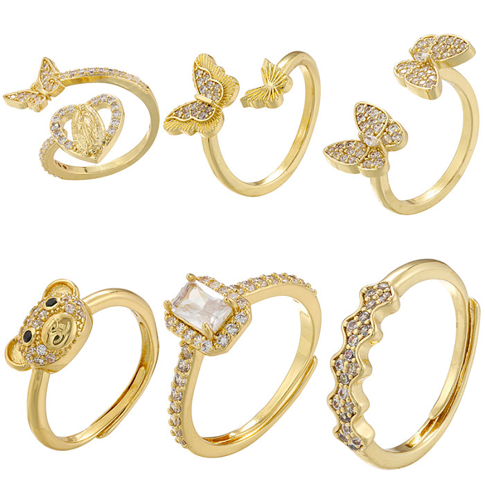 Casual Elegant Butterfly Copper Plating Inlay Zircon 18K Gold Plated Open Rings