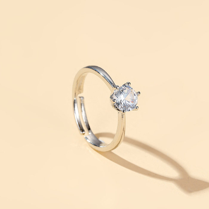 Anel aberto incrustado de seis garras com coroa clássica de casal de diamante de moda simples