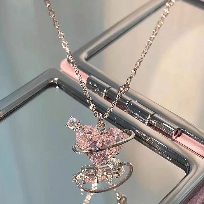 IG Style Sweet Water Droplets Heart Shape Flower Copper Enamel Plating Inlay Rhinestones Pearl Pendant Necklace