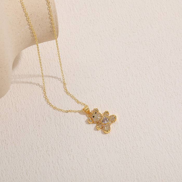 Cute Streetwear Bear Brass 14K Gold Plated White Gold Plated Zircon Pendant Necklace In Bulk