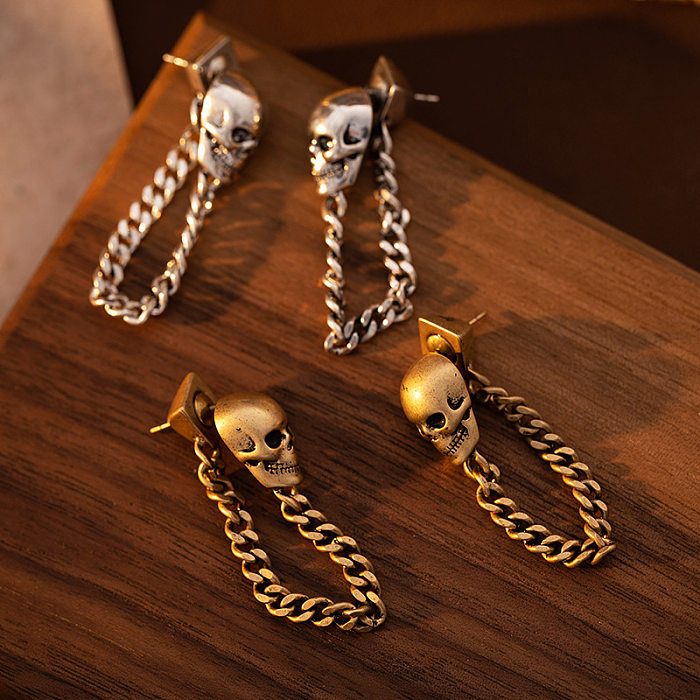 1 Pair Punk Skull Tassel Plating Copper Drop Earrings