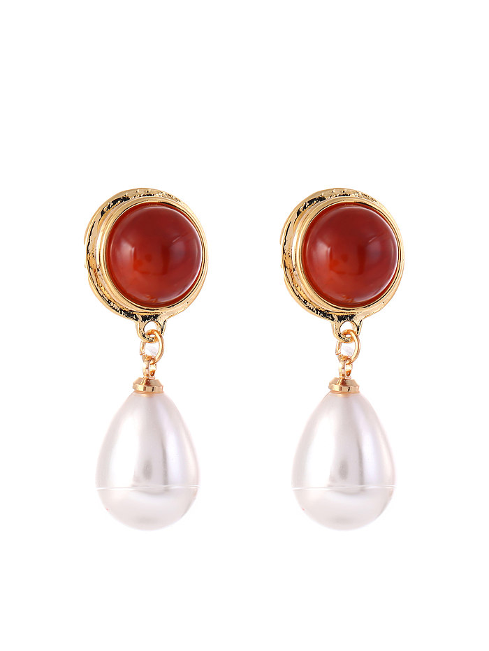 1 Pair Retro Classic Style Round Imitation Pearl Copper Inlay Natural Stone Gold Plated Drop Earrings