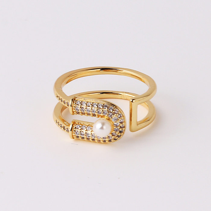 Elegant Vintage Style Circle Heart Shape Copper Plating Inlay Pearl Zircon Gold Plated Open Rings