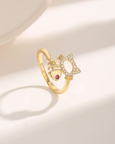 Simple Style Cat Fish Copper Plating Hollow Out Inlay Zircon 18K Gold Plated Rings
