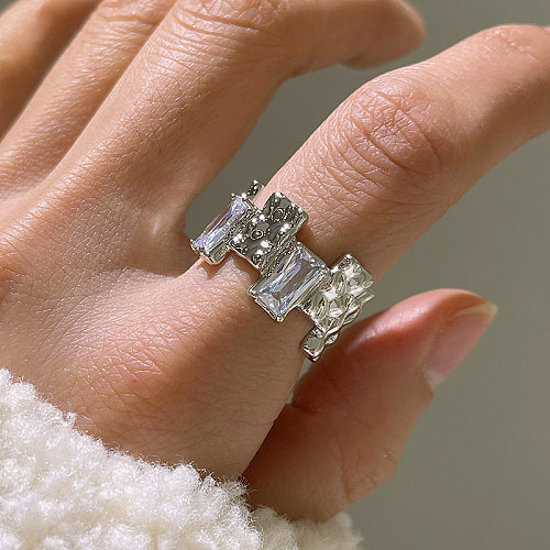 Simple Style Rectangle Copper Inlay Zircon Open Ring
