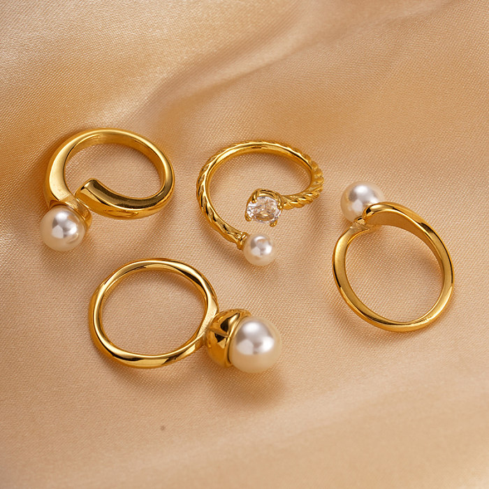 Bagues torsadées en acier inoxydable, Style moderne, vacances décontractées, incrustation de perles artificielles, anneaux plaqués or en Zircon