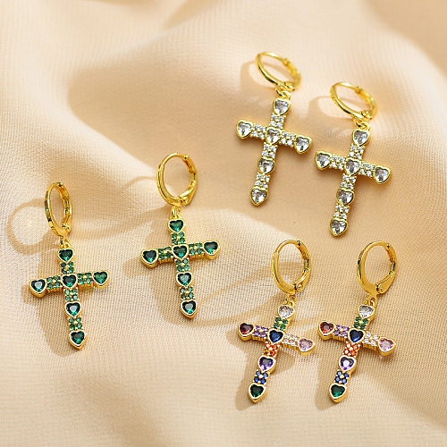 1 Pair Casual Elegant Cross Inlay Copper Zircon Drop Earrings