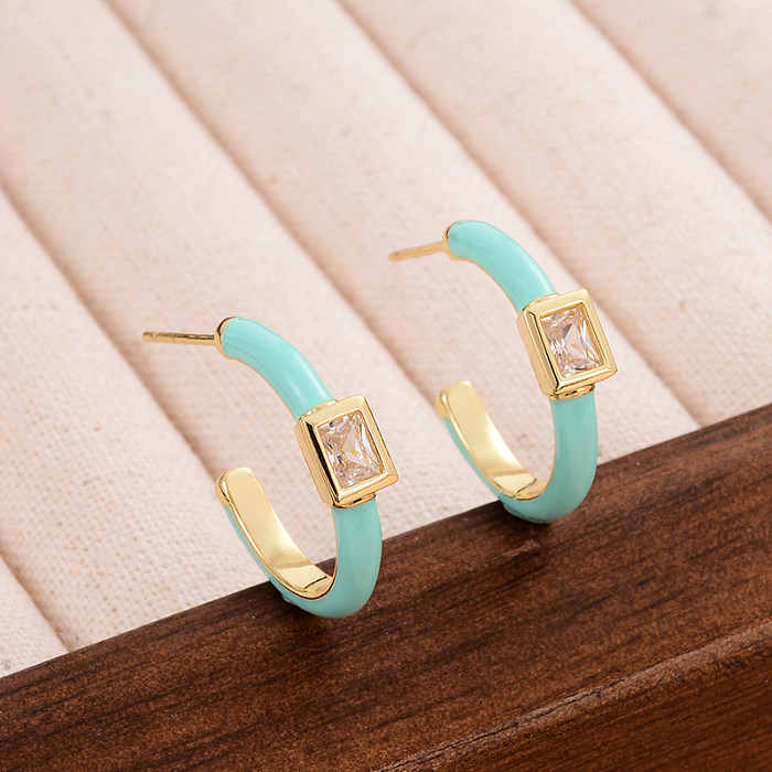 1 Pair Simple Style C Shape Enamel Plating Inlay Copper Zircon 14K Gold Plated Earrings