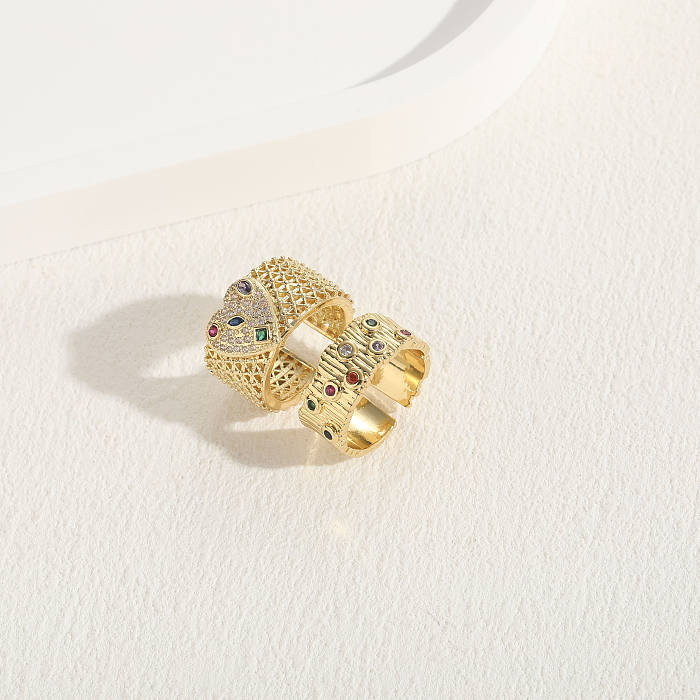 Elegante luxuoso estilo clássico formato de coração cobre 14K anel aberto de zircão banhado a ouro a granel