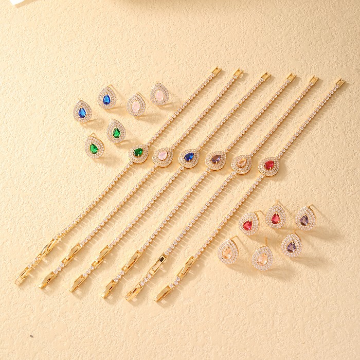 Brincos de pulseiras de zircão com incrustações de cobre com gotas de água brilhantes estilo simples