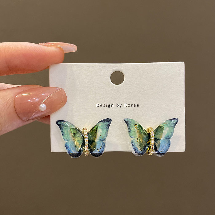 Retro Butterfly Copper Inlay Zircon Earrings 1 Pair