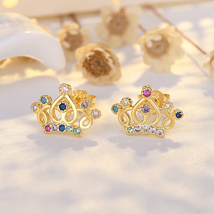 Lady Star Crown Copper Plating Inlay Zircon Ear Studs 1 Pair