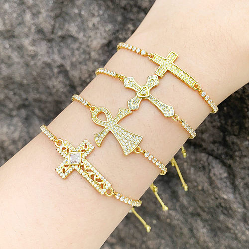 Fashion Simple Style Cross Copper Plating Inlay Zircon 18K Gold Plated Bracelets