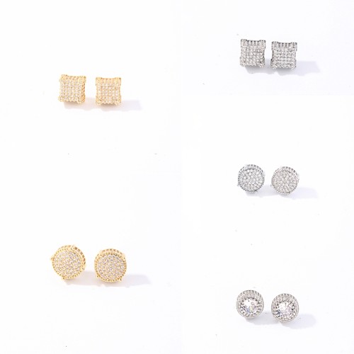 1 paire de clous d'oreilles ronds et carrés, Style Simple et décontracté, incrustation en cuivre et Zircon plaqué or blanc