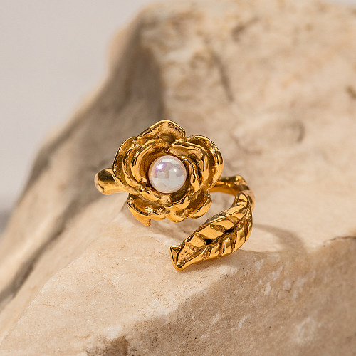 Einfacher Stil, klassischer Stil, Blatt-Blume, Edelstahl-Beschichtung, Intarsien, künstliche Perlen, 18 Karat vergoldete offene Ringe