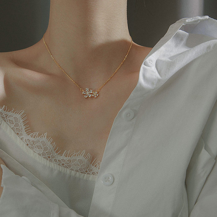 Elegant Lady Flower Copper Plating Inlay Zircon Pendant Necklace